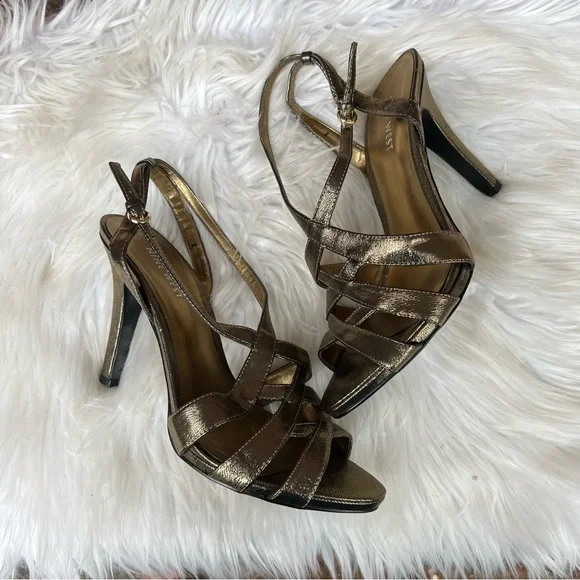 Nine West Shiny Gold Strappy Open Toe Sling Back Pump Heels - Picture 1 of 7